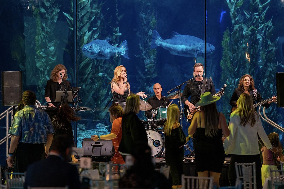 a live band sings in front of Blue Cavern